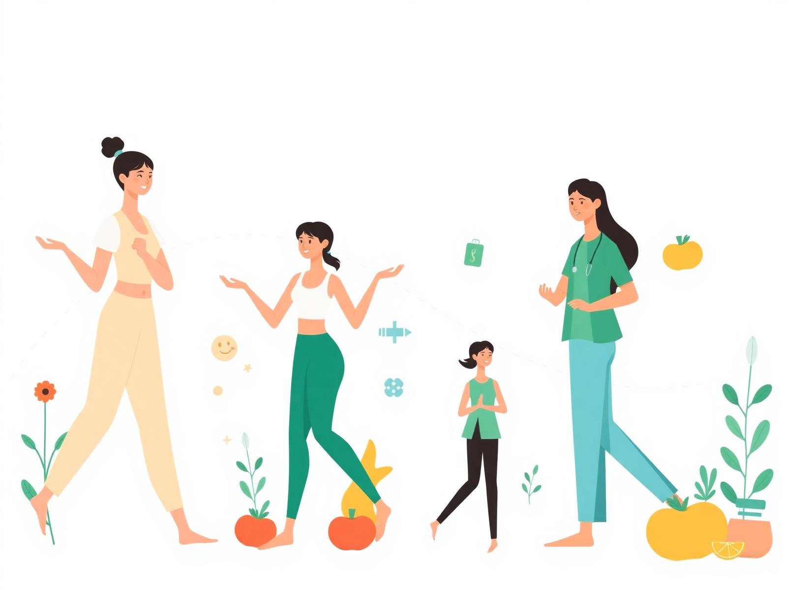 Illustration of people walking, exercising, and eating healthy food